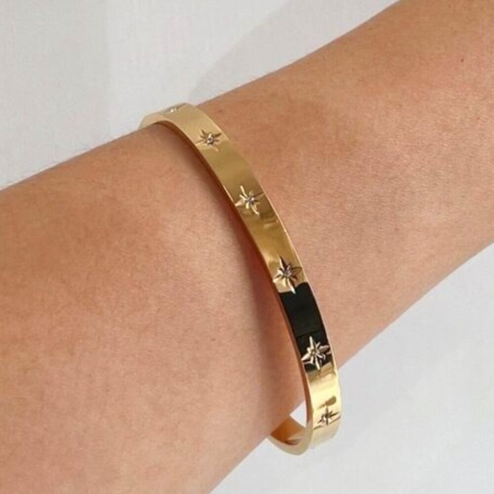 Gold Bangle Bracelet Sparkle Cuff Bracelet Waterproof Bracelet Star CZ Gorgeous
